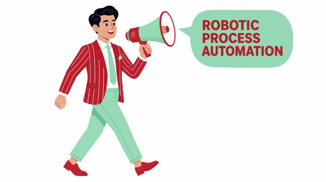Cartoon man holding megaphone for robotic process automation.