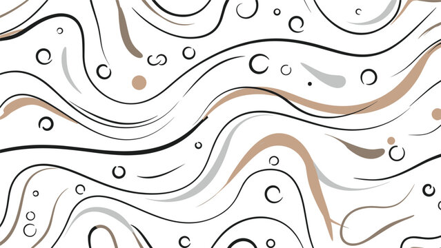 Artistic pattern composed of elegant black, brown, and grey flowing wave lines and scattered bubbles on a white background.