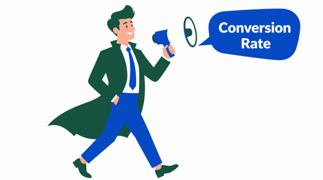 Businessman with megaphone promoting conversion rate.