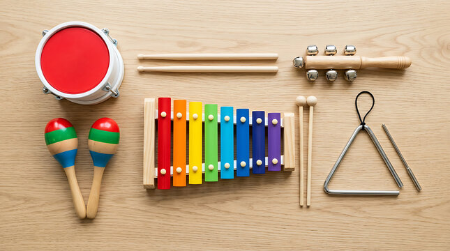 Collection of colorful toy percussion instruments on a light wood background