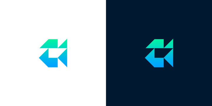 Modern abstract geometric shape logo design with gradient colors on white and dark backgrounds, representing innovation and technology