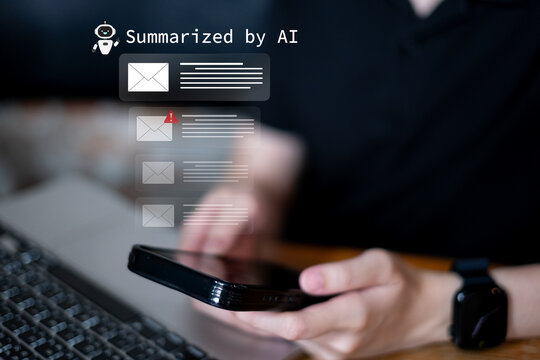 Professional entrepreneur businessman working in office using ai artificial intelligence technology to summarize electronic mail email in everyday life digital productivity future automation assistant
