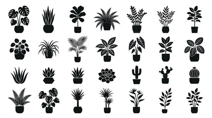 Fototapeta premium Collection Of Potted Plant Silhouettes Black Vector Illustration On White Background