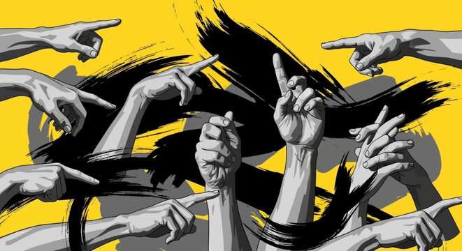 Multiple hands pointing fingers accusingly at a central figure.