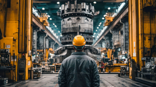 Worker observes large machine in industrial space during daytime hours