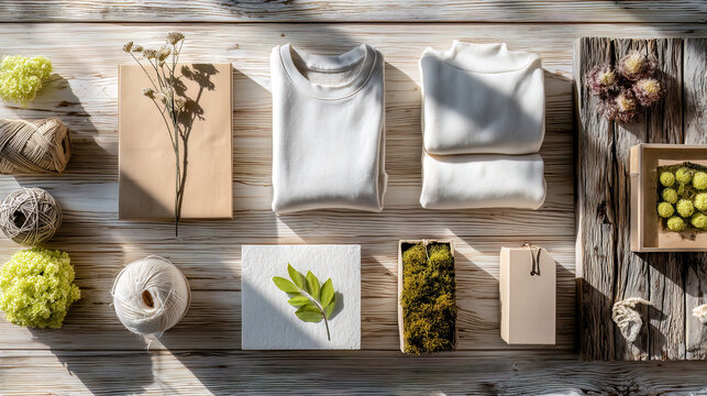 Eco-friendly fashion flat lay with white folded t-shirts, natural twine, dried flowers, green moss samples, and kraft paper packaging on whitewashed wooden surface with sunlight shadows.