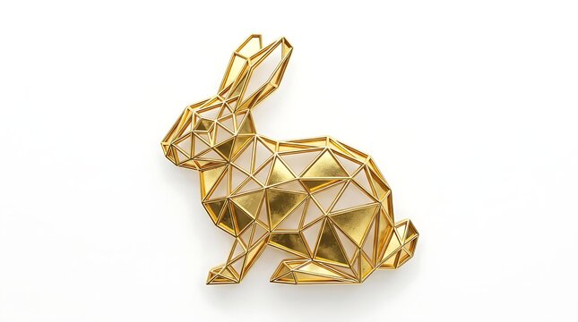 Geometric golden rabbit outline on white background