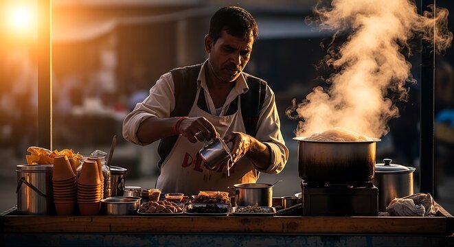 Indian street vendor preparing masala chai tea in a metal pot at sunset