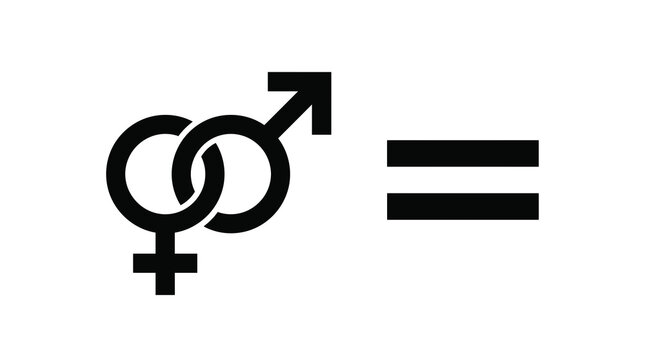 Interlocking male and female symbols next to equal sign for gender unity.