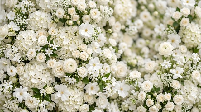 Elegant white flower background with roses and hydrangeas for wedding wall decoration.