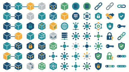 Fototapeta premium Isometric icon set for blockchain technology, cloud data, and cybersecurity.