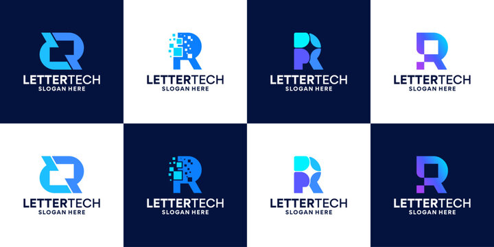 Set of initial letter R logo design. R technology logo concept