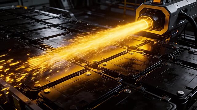Industrial machine projecting golden light beam onto battery modules