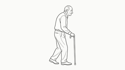 Obraz premium Line drawing of an elderly senior man walking with a mobility cane.