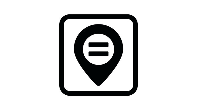 Location pin icon with a pause symbol inside a rounded square frame.