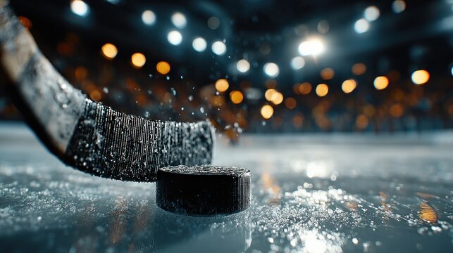 Hockey puck and puck on ice with lights in background sport background