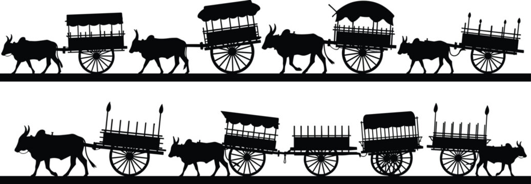 Silhouettes of traditional bullock carts and ox wagons representing historic transport, rural life, Asian travel, and traditional agriculture
