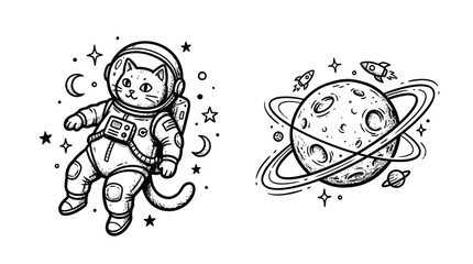 Cat Astronaut Floating in Space with Planets and Rockets © kampus
