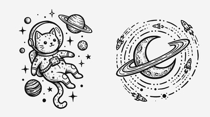 Cute astronaut cat floating in space with planets and stars © kampus