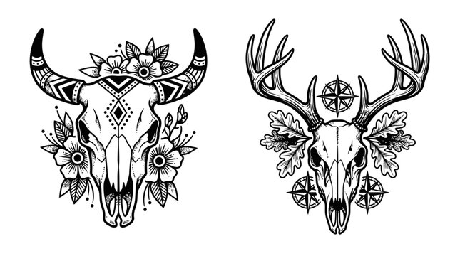 Bohemian Skull Art: Bull and Deer Skulls with Flowers and Compasses