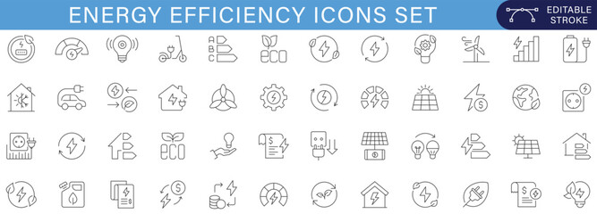 Energy Efficiency Icons Set Collection with Renewable Energy Sustainability Green Technology Electric Vehicle Power Saving Eco Management Smart Grid Outline Vector Editable Stroke © Loosiniiii