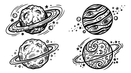 Hand-drawn planets with rings and stars, doodle style, black and white © kampus