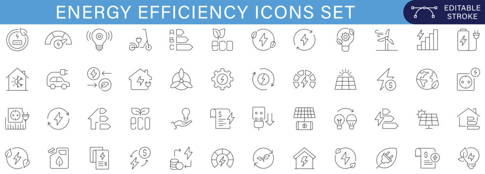 Energy Efficiency Icons Set Collection with Renewable Energy Sustainability Green Technology Electric Vehicle Power Saving Eco Management Smart Grid Outline Vector Editable Stroke