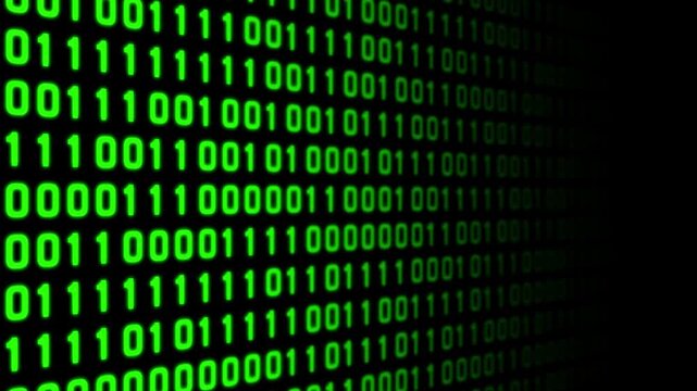 Binary code digital motion background with green glowing computer data footage