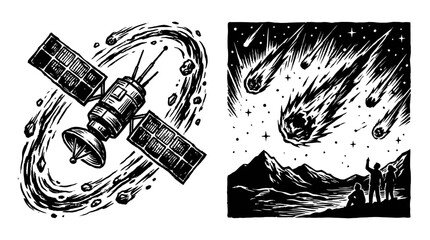 Satellite Orbits Asteroid Belt, Meteor Shower Over Mountains © kampus