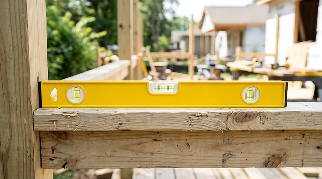 Professional yellow spirit level ensuring precision on wooden construction frame at building site