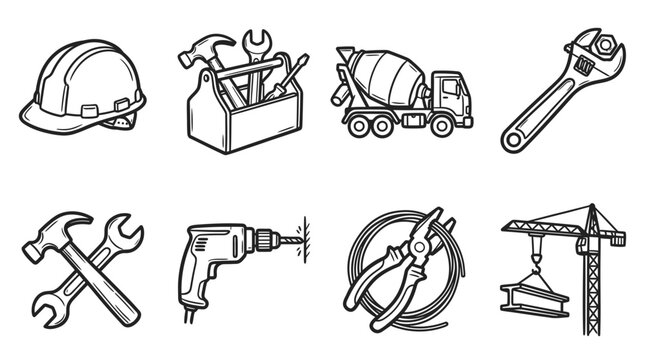 Construction tools and equipment icons set: hard hat, toolbox, cement mixer, wrench
