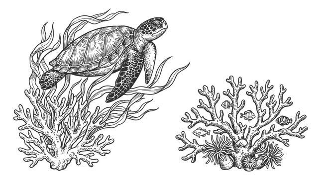 Sea Turtle Swimming Underwater Coral Reef Drawing