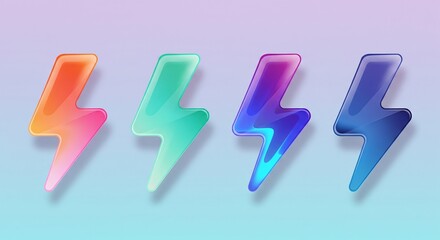 Fototapeta premium Set of Four Colorful Glossy Lightning Bolt Icons 3D Rendered Isolated on a Soft Gradient Background