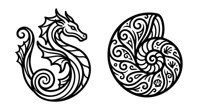 Seahorse and Nautilus Shell Ornate Illustrations