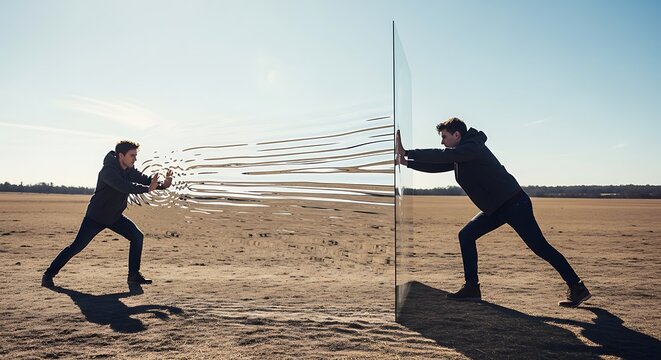 Man pushing against a liquid metal mirror reflection in desert field