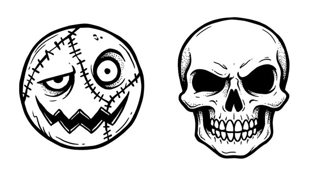 Creepy Stitched Monster Face and Skull Illustration