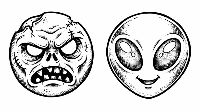 Zombie and Alien Faces - Spooky Characters Illustration