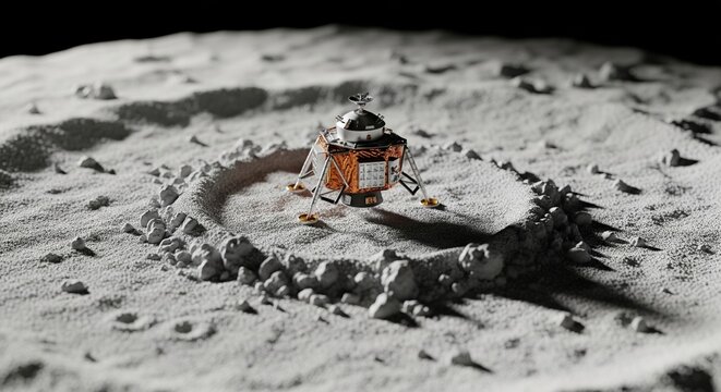 Realistic 3D render of a space lander module on a cratered lunar surface for science and technology background