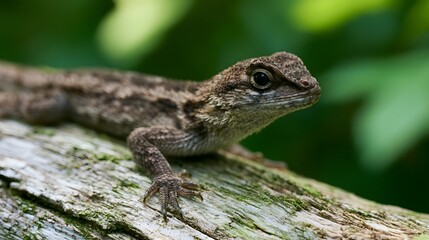 Fototapeta premium A fluffy lizard rests on a log in natural light displaying playful energy
