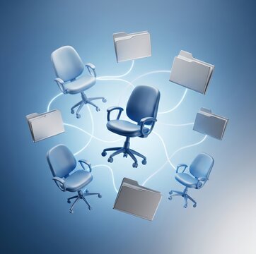 Office chairs and file folders floating in networked digital workspace