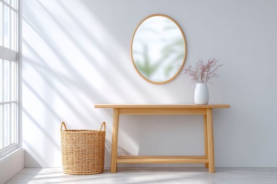 a entryway with an oval mirror above a wooden console table, surrounded by white walls and windows that let in natural light.