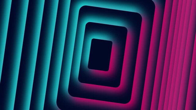 Neon teal magenta square tunnel abstract motion background, layered frames receding into darkness, futuristic techno portal design for dynamic music video visuals and VJ loops