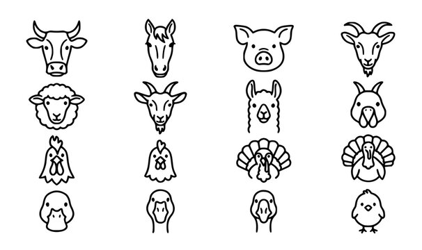Farm animal heads vector icon set with flat line barnyard cow pig rooster and bird face elements