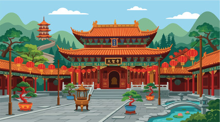 Fototapeta premium Illustration of a traditional Chinese temple complex with orange roofs and a courtyard