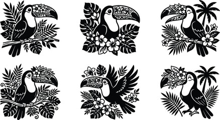 Fototapeta premium Tropical toucan vector badges with hibiscus and palm leaves silhouette style ornamental line art