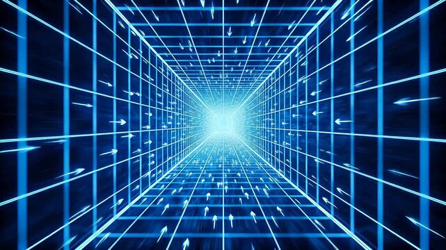 Blue digital tunnel with glowing grid lines and arrows converging to deep perspective