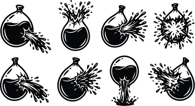 Vector art set of exploding potion bottles in black and white
