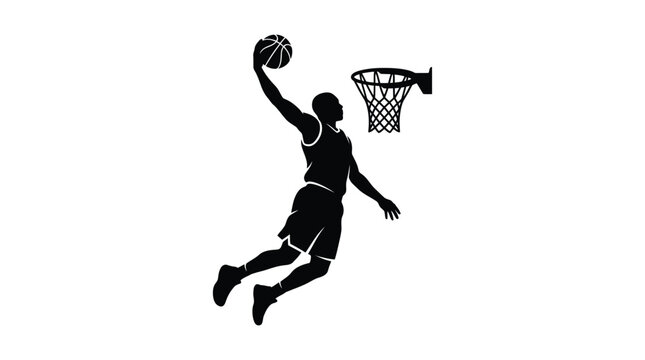 Basketball player dunking with ball and hoop black silhouette