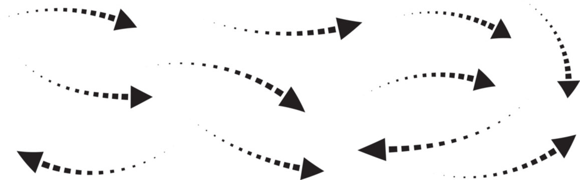 Dashed Curved Arrows. Directional pointer and flow symbols. Stippled line and arch arrow design.