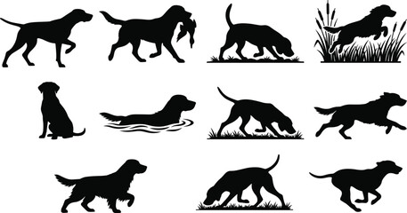 Fototapeta premium Hunting Dog Silhouette Collection with Tracking Retrieving and Field Work